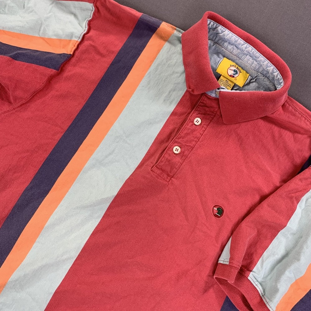 Duck Head Polo Shirt Men XL Red Multicolor Stripe Embroidered Logo Vintage Rugby